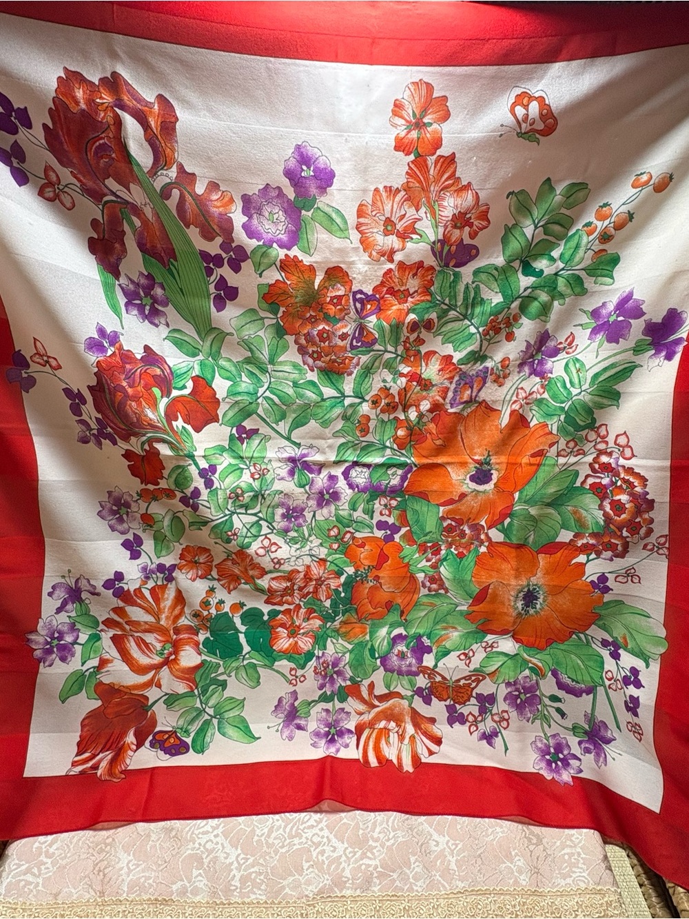 Vintage Made in Italy Floral Scarf Red Border Square Polyester Neck Hair Scarf